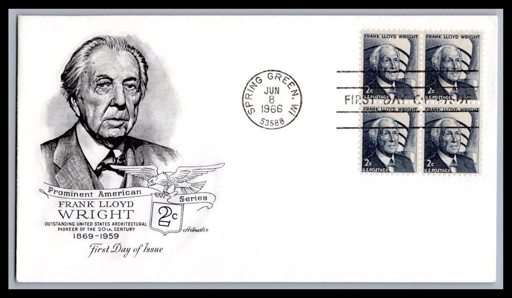 US FDC # 1280. 2c Frank Lloyd Wright Artmaster block  1966, 9h273
