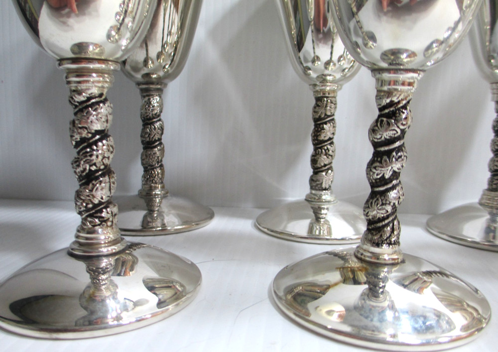 Vintage Silver-Plated Wine Goblet Stemware Spain Set 10 Twisted Grapevine Stem