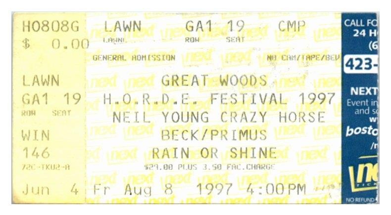 H.O.R.D.E. Festival August 8 1997 Concert Ticket Neil Young Beck Primus