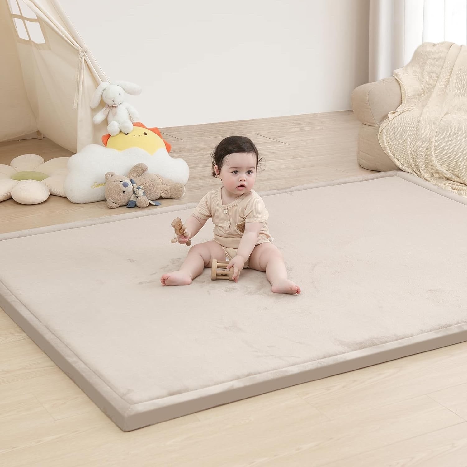 Huloosleep Baby Play Mat for Floor, 79"L x 59"W 1.3" Thick Memory Foam beige