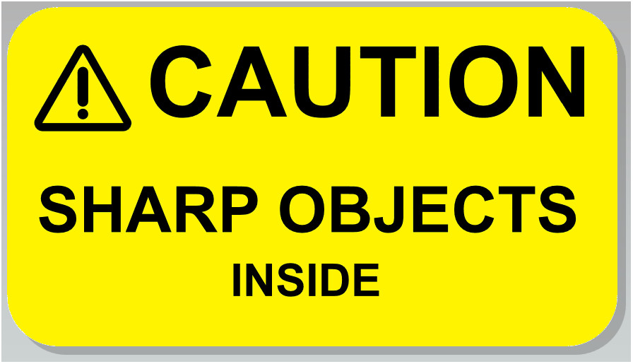 ⚠CAUTION SHARP OBJECTS INSIDE Warning Sticker Label Yellow 2.25" L x 1.25" H