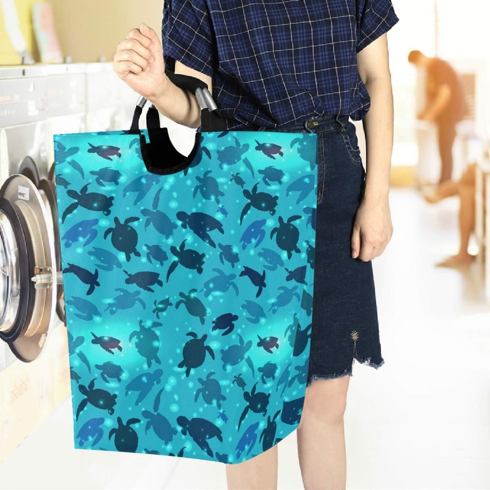 Turtle Swims in The Ocean Large Laundry Hamper with Handle Foldable Durable C...