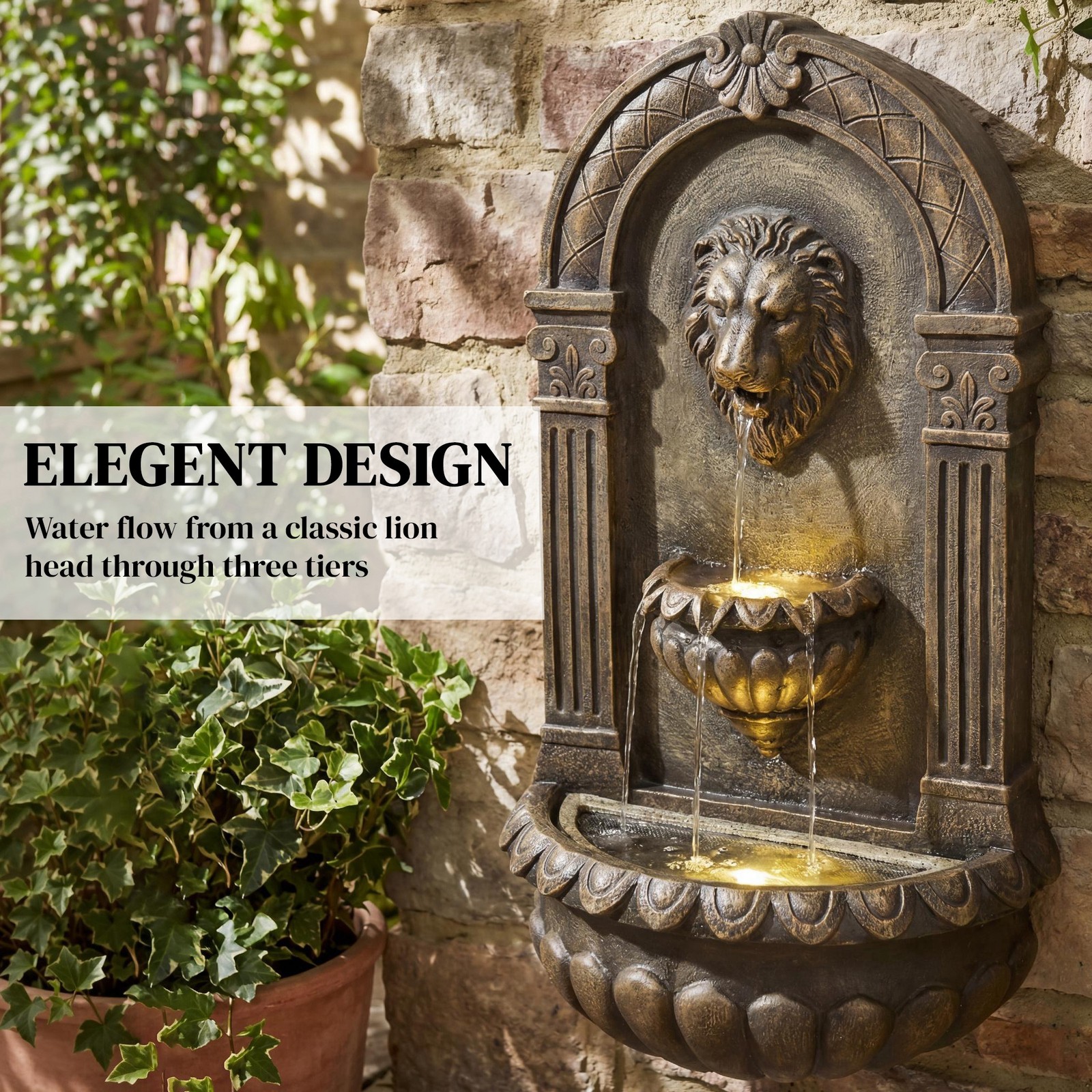 Wall-Mounted 3-Tier Outdoor Fountain with LED Lights, New