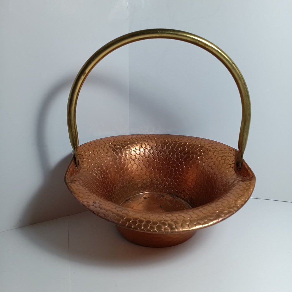 Vintage Copper Hammered  Basket with Brass Handle 8"