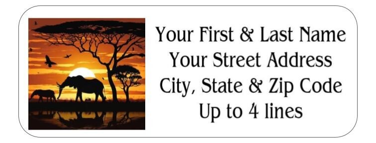 150 African Sunset Elephant Mailing Return Address Labels Personalized