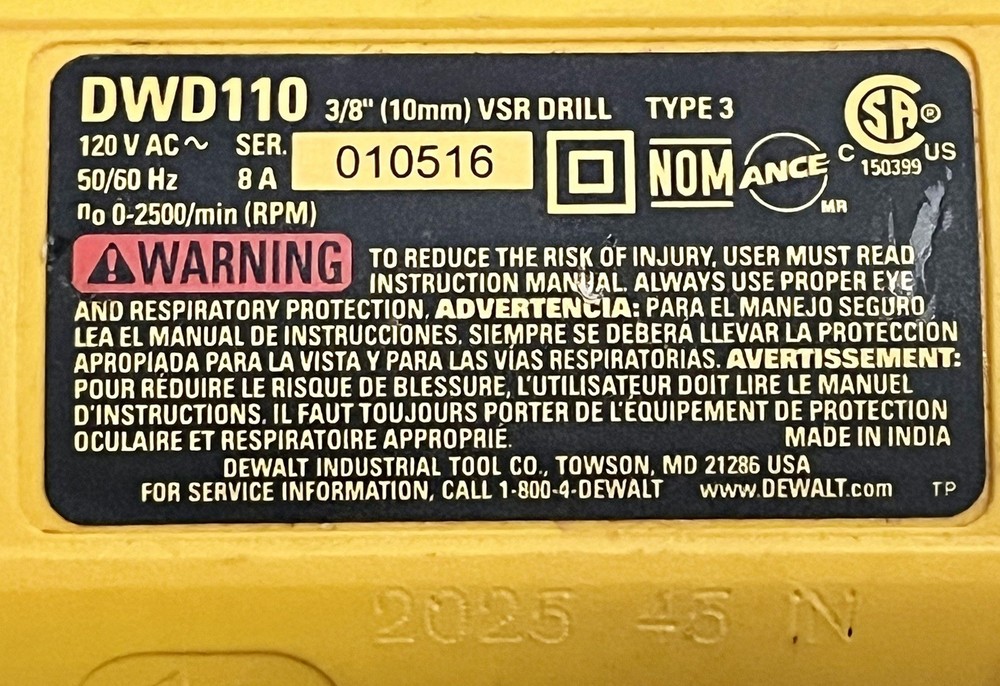 DeWalt DWD110 Corded 3/8" VSR Drill Variable Speed Reversible