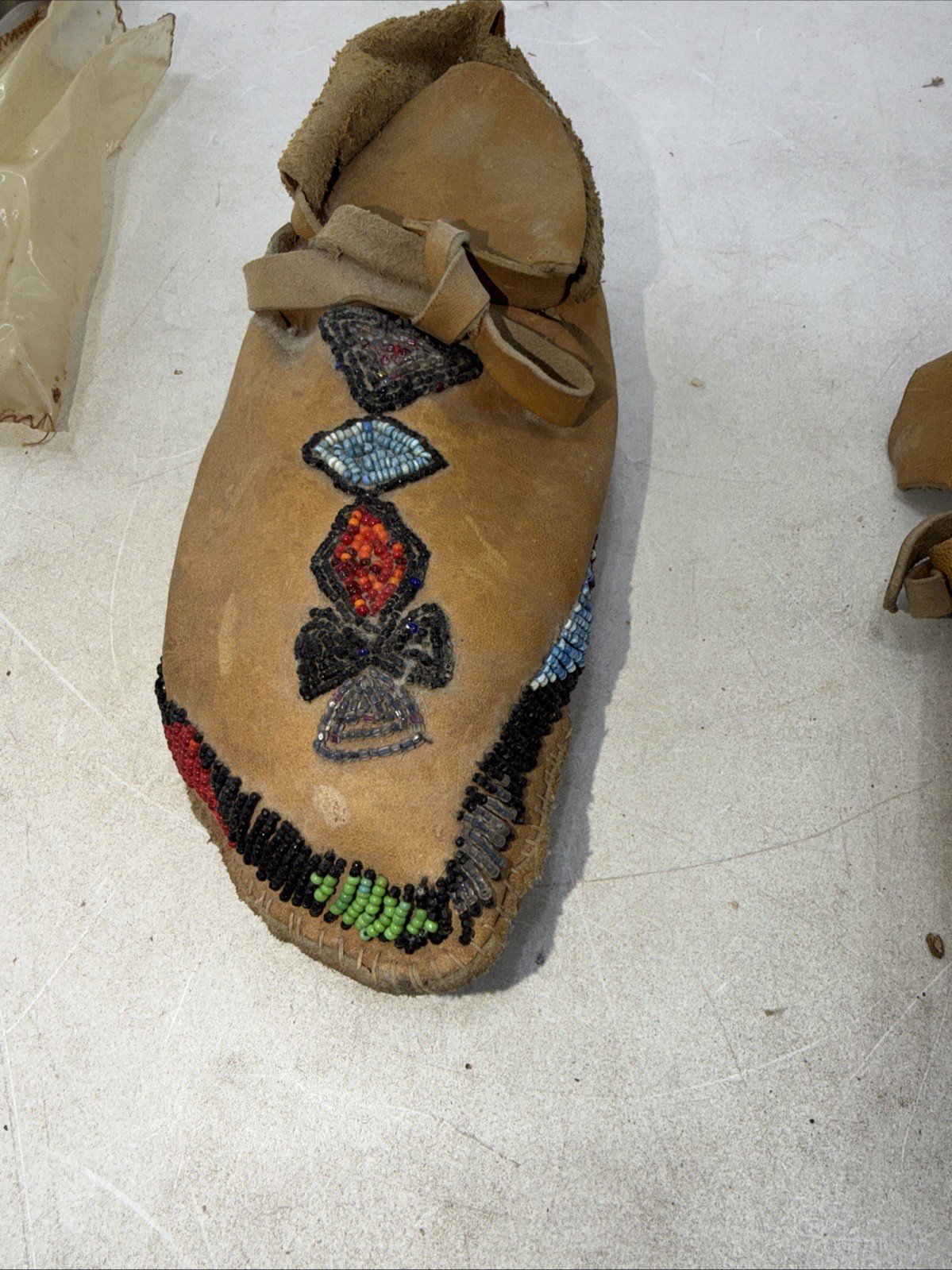 Authentic Native American Leather Beaded Moccasin Lot and Indian Rattle