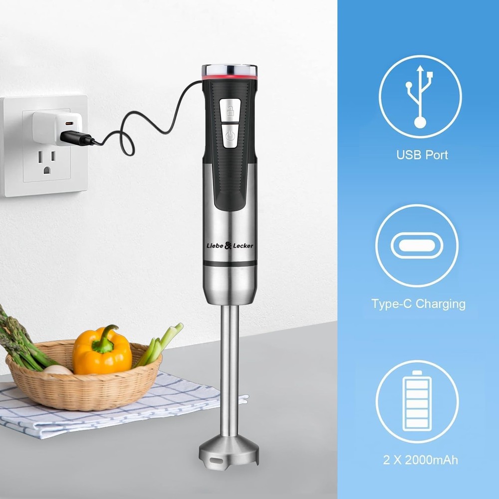 Cordless Hand Blender, Immersion Blender Handheld USB Rechargeable 8 Variable Sp