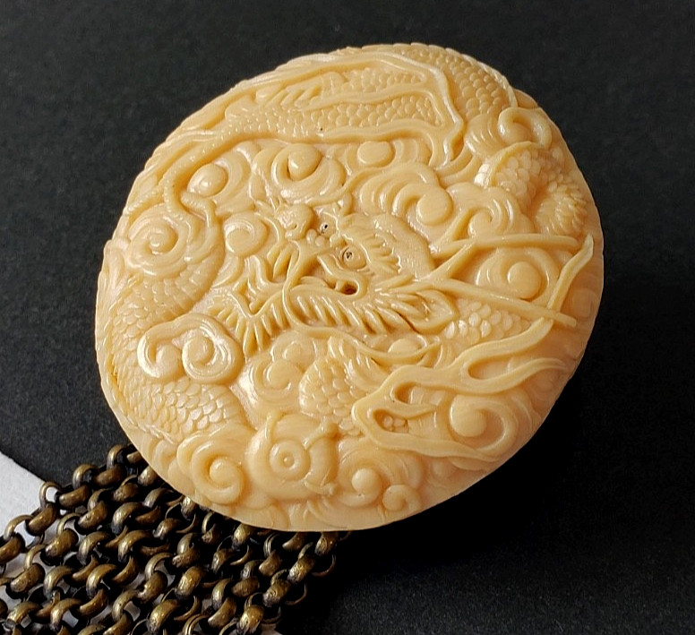 Super Detailed Front & Back Celluloid Dragon Netsuke Button Complete with Chains