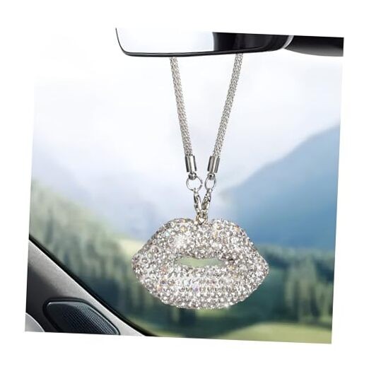 Bling Lip Car Rear View Mirror Charm, Personalized Rhinestone Lip Pendant White