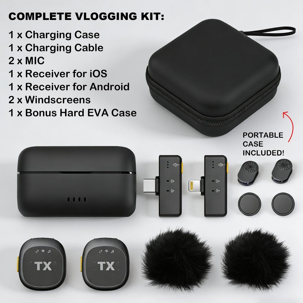 Wireless Lavalier Microphone for iPhone & Android, Clip-On Mini Mic with Char...