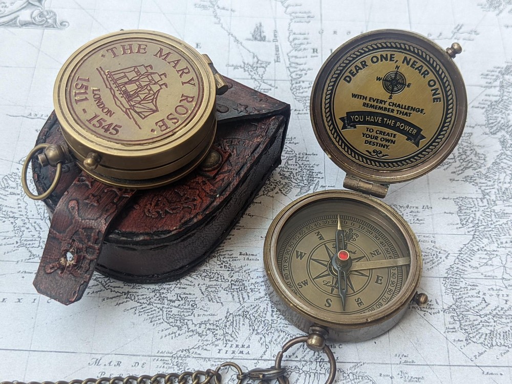 Personalized Brass Compass Locket | Vintage Style, Leather Case
