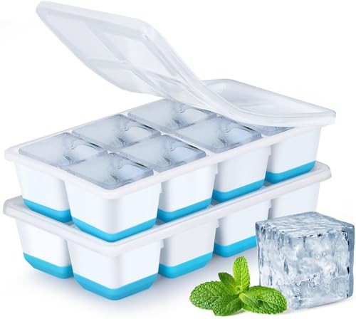 Large Ice Cube Trays with Lid, 2 Pack Stackable Silicone Ice Cube Molds Blue