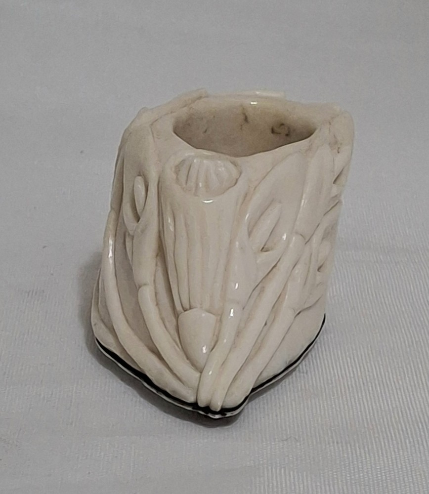Antique Carved Bone & Solid Silver Base Cala Lilies Toothpick Holder