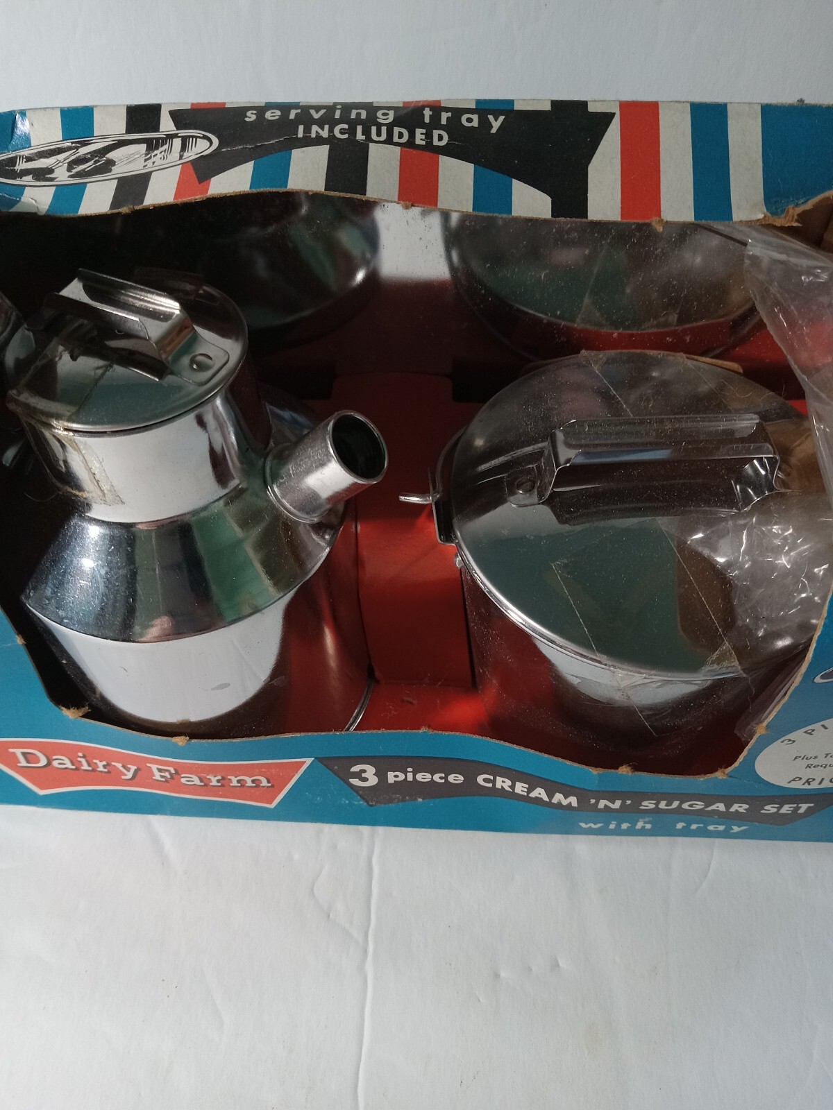 Vtg, Dairy Farmhouse Cream Sugar Set NOS Original Packaging Plated Chromed Steel