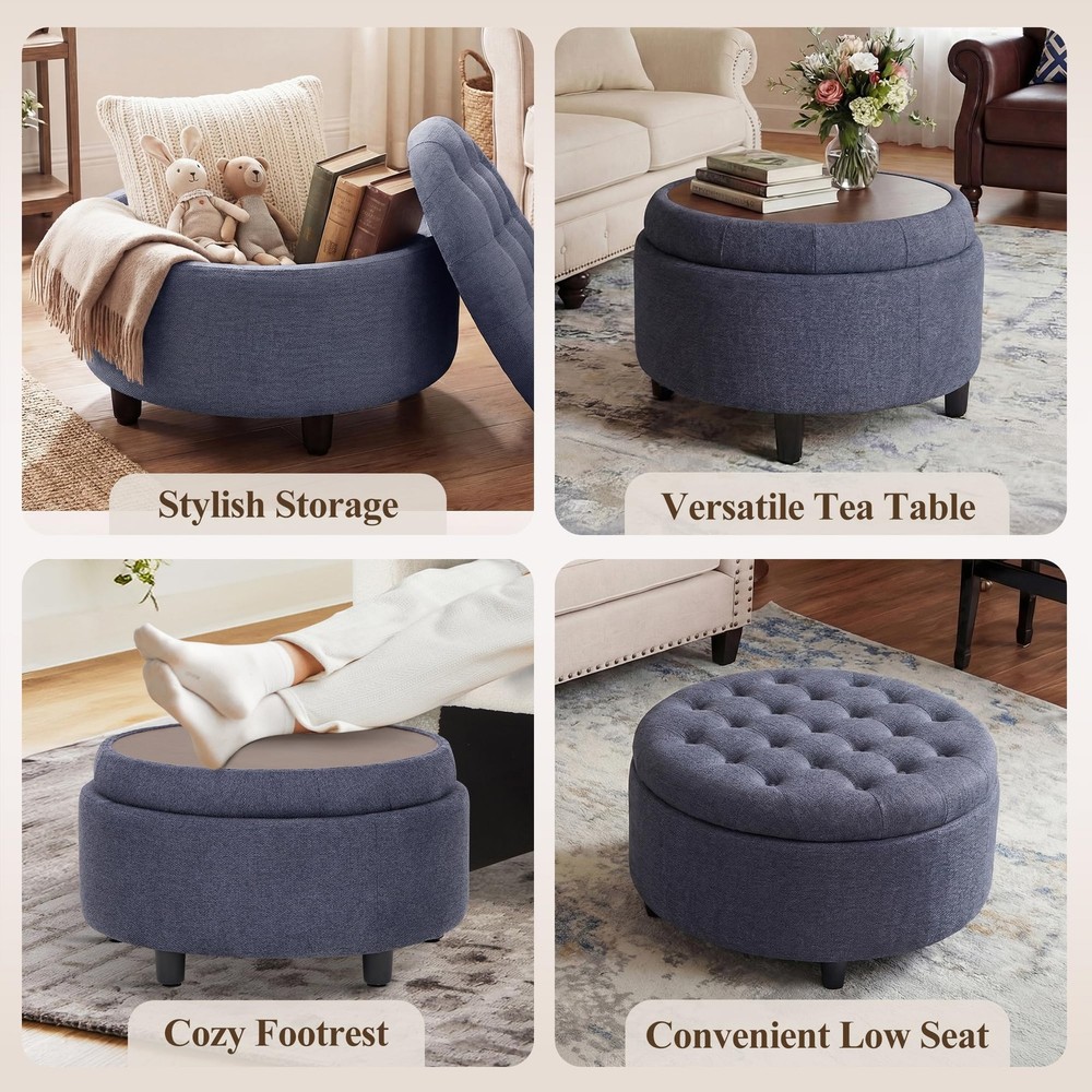 COLAMY Fabric Round Storage Ottoman with Reversible Tray Lid – Multi-Function...