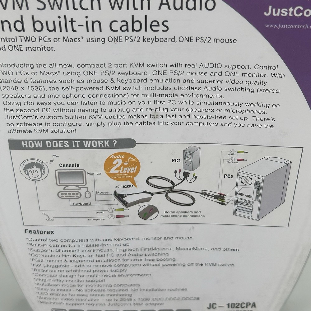 JustCom KVM SWITCH WITH AUDIO SUPPORT AND BUILT-IN CABLING JC-102CPA PS/2