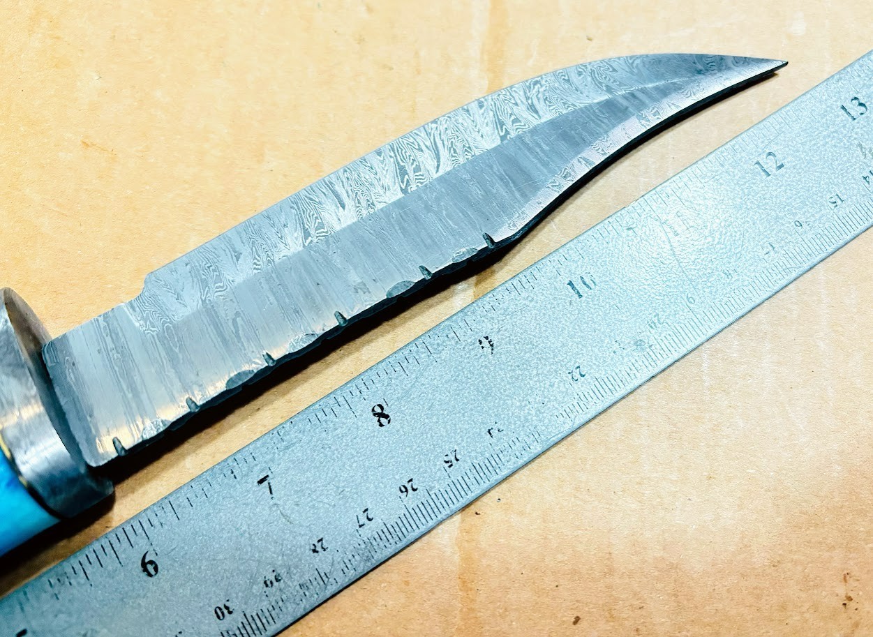 Blue Stag Bone Handle Damascus Fixed Blade Knife, Custom Made