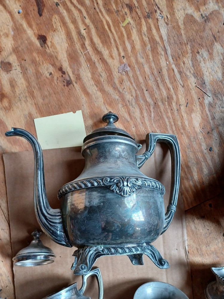 Silver On Copper Tea Set Hallmark At Bottom 5 Pieces