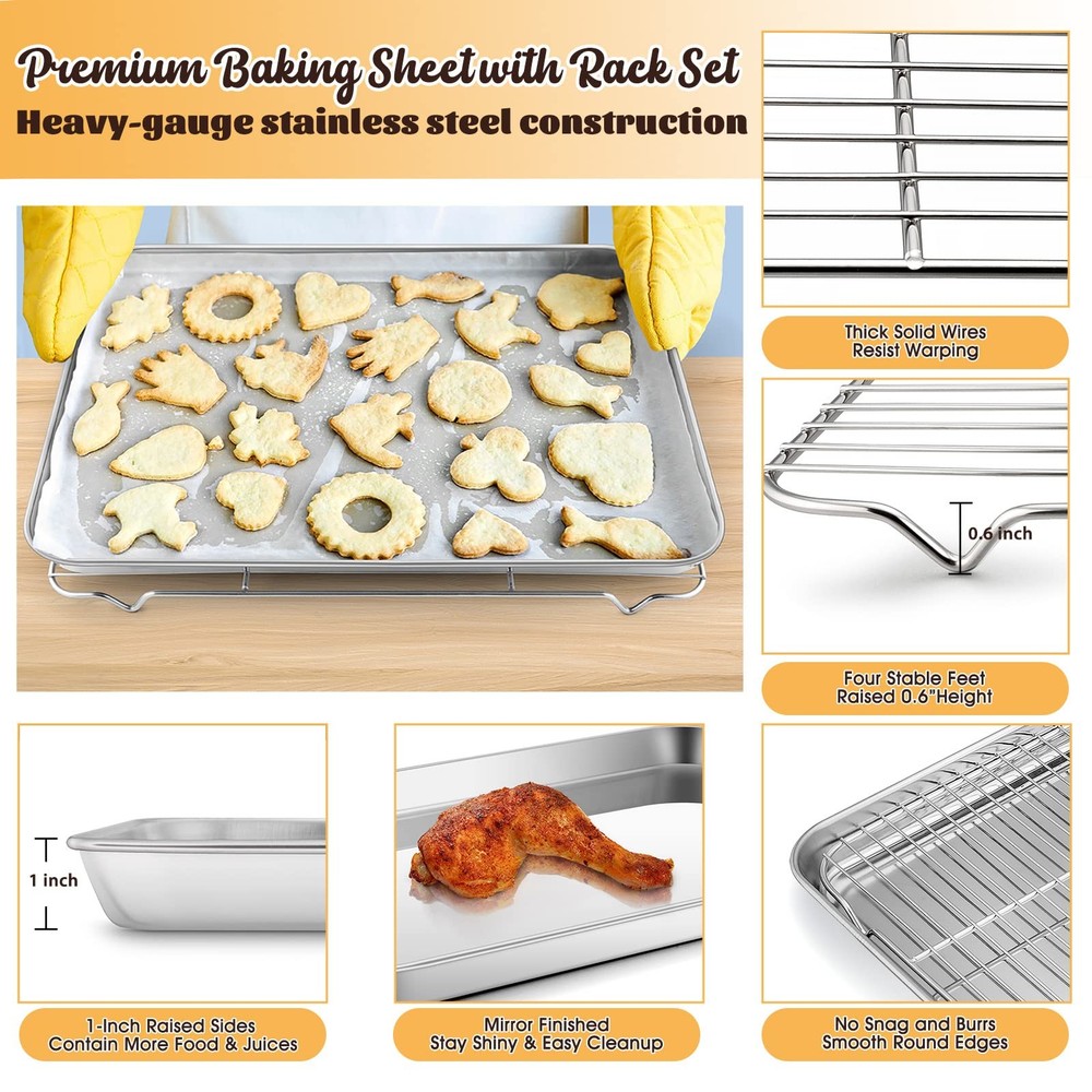 E-far Cookie Sheet with Rack Set, Half Baking Pan for 17.7"x13", Silver