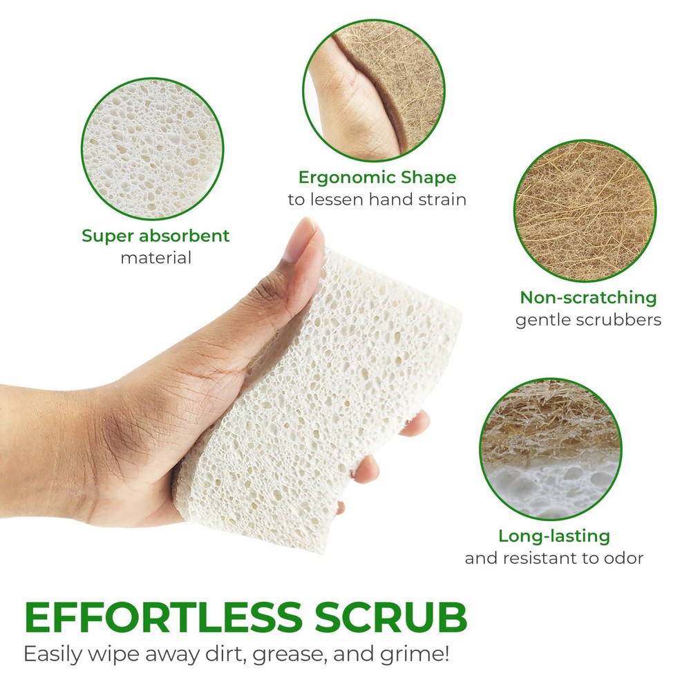 Biodegradable Natural Kitchen Sponge - Compostable Cellulose and Coconut Waln...