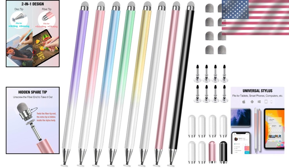 8 Pack Stylus Pens with Interchangeable Tips for All Touchscreen Devices