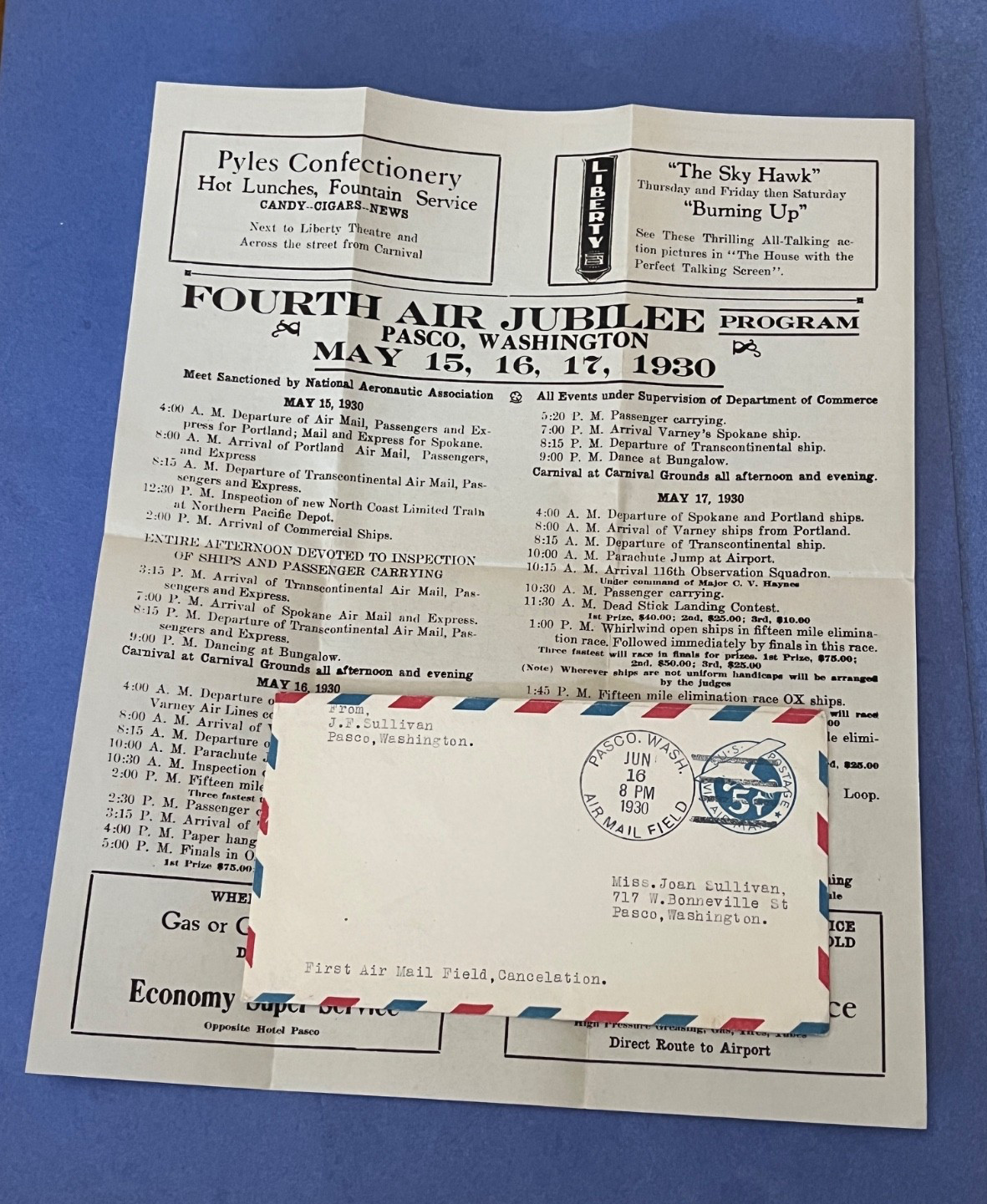 1930 PASCO WA 4THJUBILEE PROGRAM FLYER ! AIR MAIL + RACES / PARACHUTE AVIATION +