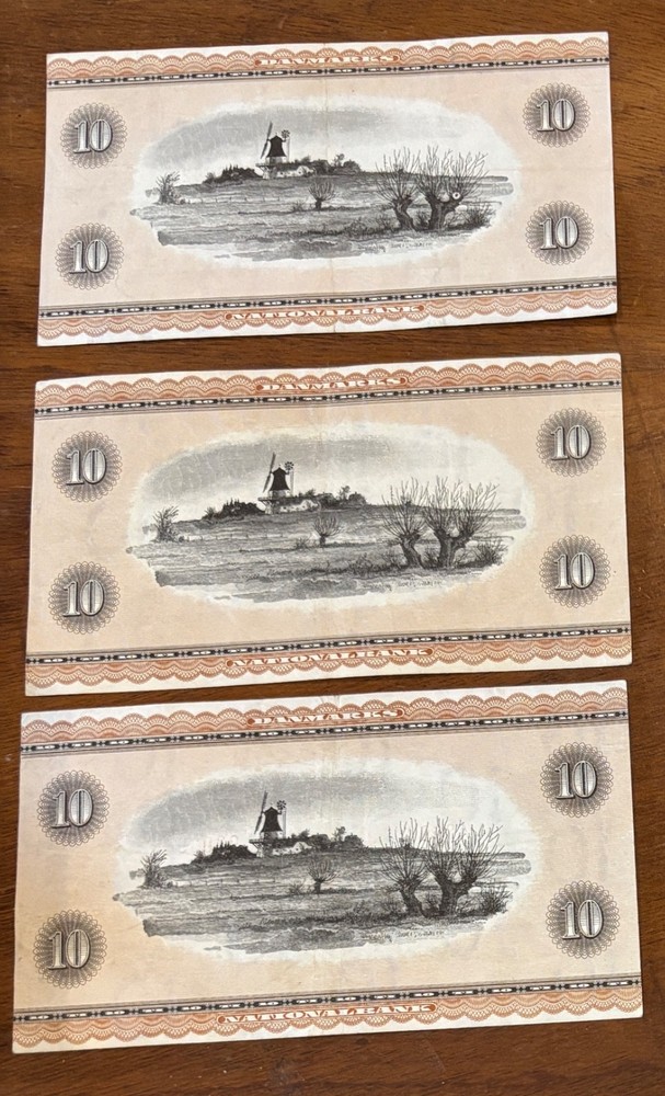 Denmark : 3 x 10 Kroner 1936 Banknotes Fine Condition