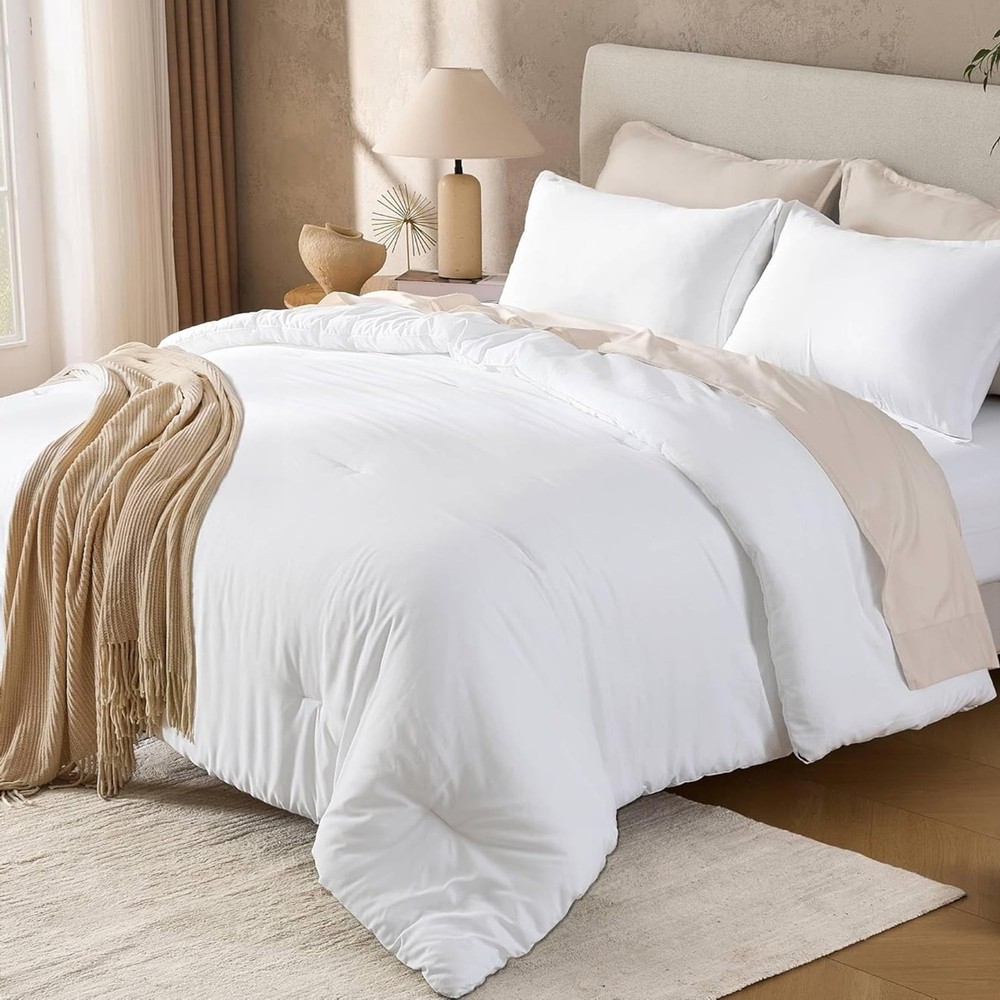 White Queen Size Comforter Set, 3 Pieces Boho Solid Bedding Comforters & Sets, M