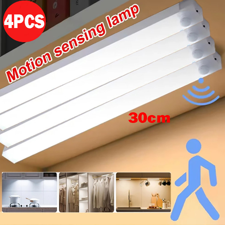 12'' 4-Pack LED Under Cabinet Lights Rechargeable Motion Sensor 3 Color Dimmable