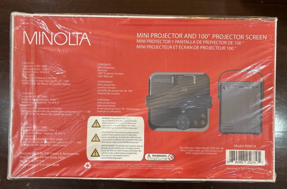 Minolta MN674 Portable Mini Projector HD Bundle Pack With 100" Screen Remote New