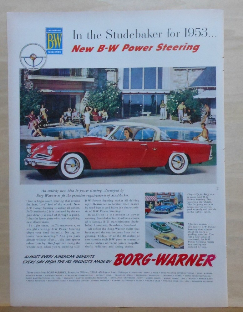 1953 magazine ad for Borg Warner & Studebaker - Power Steering in '53 models