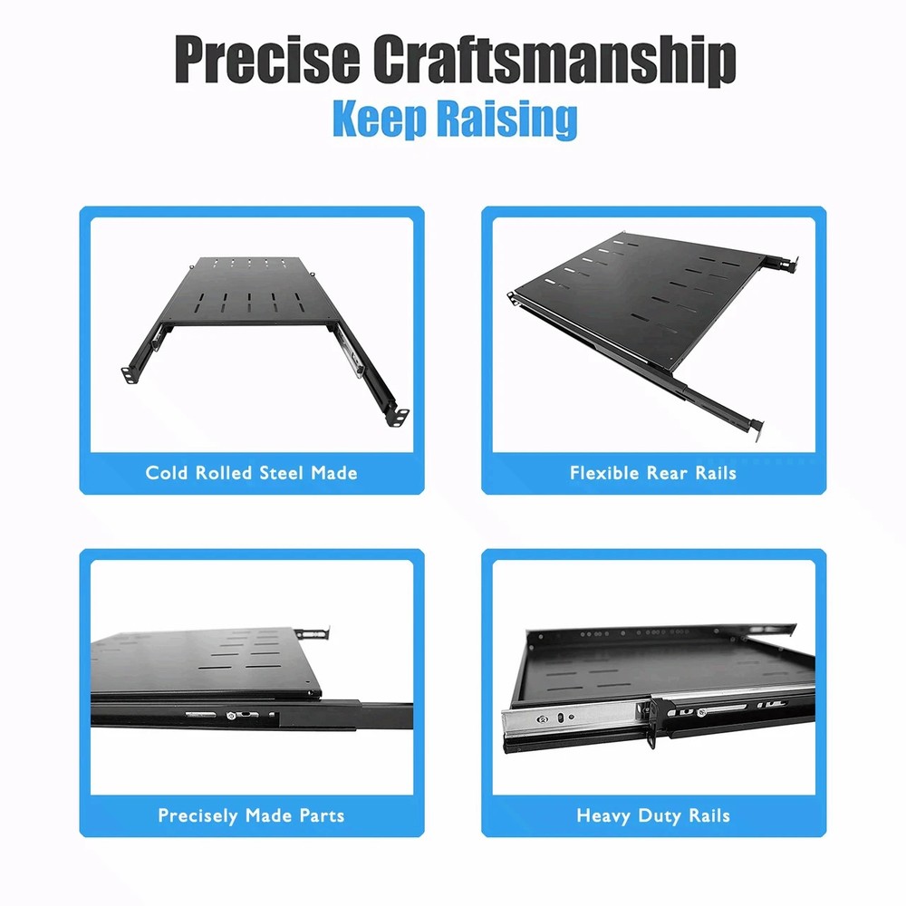 Sliding Fixed Rack Server Shelf 1U 19'' 4 Post Rack Mount-Adjustable 24''-32''