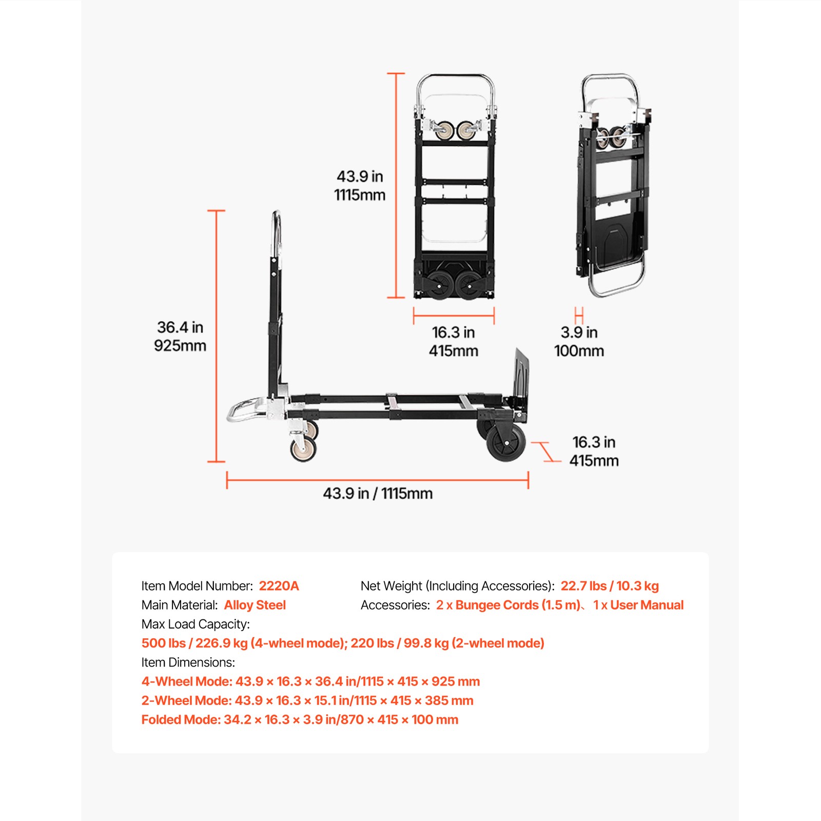 Uimoso 2-in-1 Folding Hand Truck, 500 lbs Capacity Convertible Dolly with Wheels