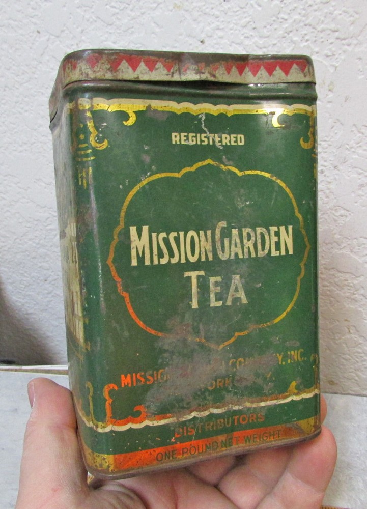 Vintage Mission Garden empty tea tin, Java Ceylon India wrong lid, kitchen decor
