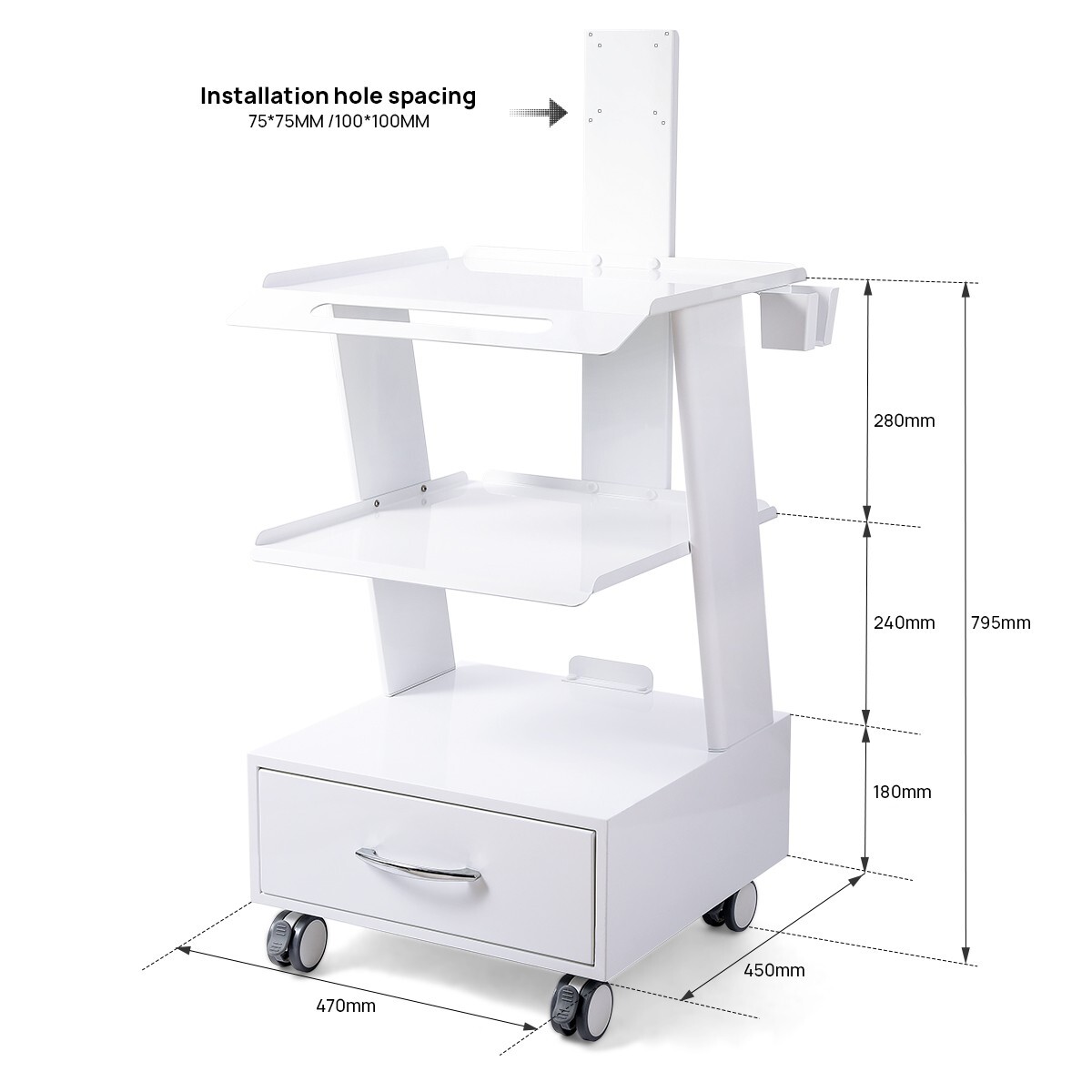 Dental Mobile Medical Cart Instrument Trolley Cabinet w/ Drawer and Power Socket
