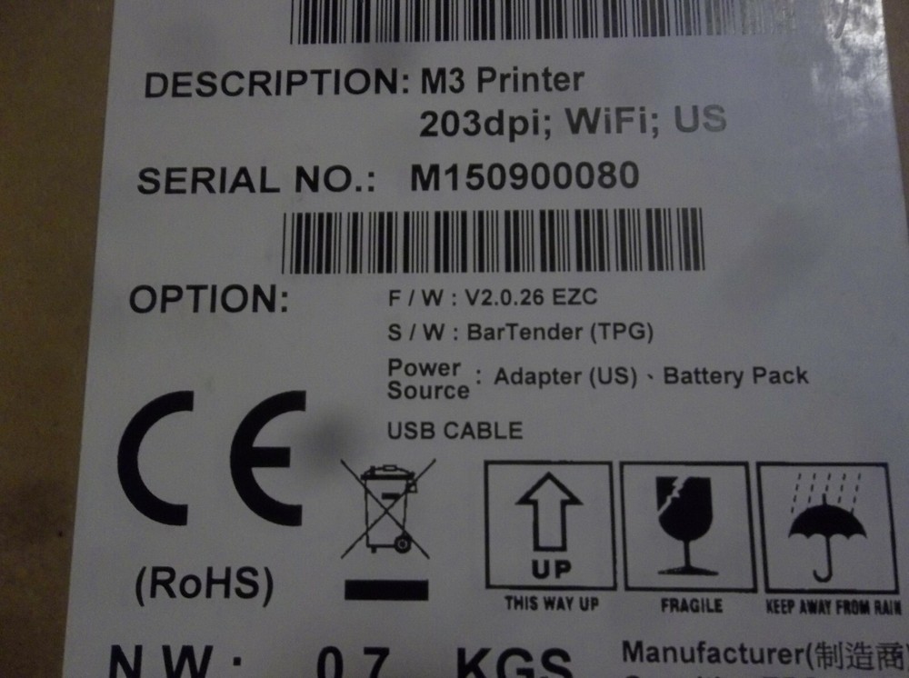 COGNITIVE TPG M3 PRINTER, M320-Y010-100, M320, Mobile Receipt Label Printer Kit