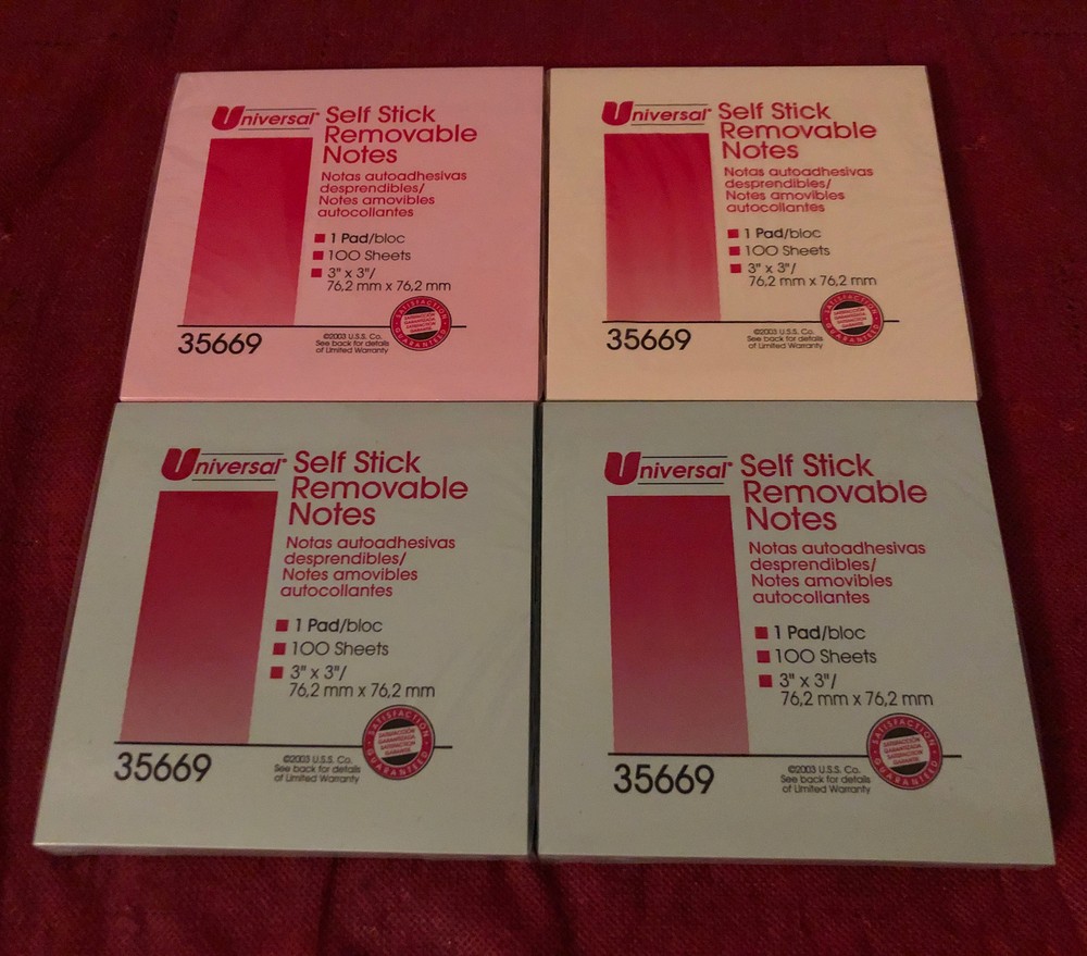 Universal Standard Self-Stick Pastel Notes 35669 - 4 Pads 100 count each Sealed