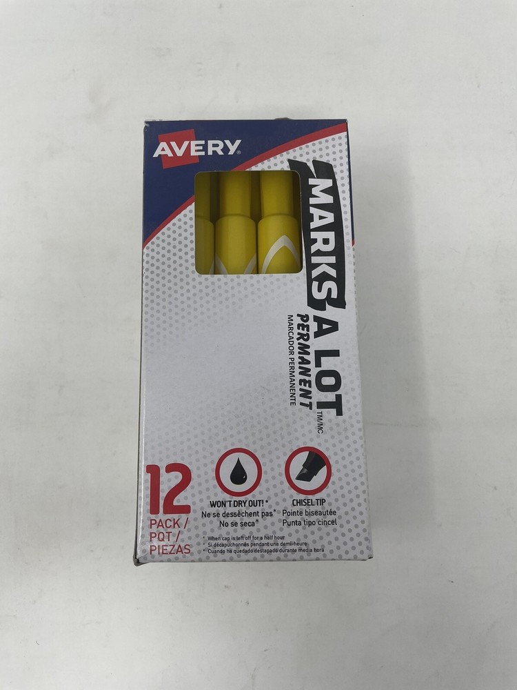 AVERY Marks-A-Lot Permanent Markers, Large, Yellow Chisel Tip, 12 Count