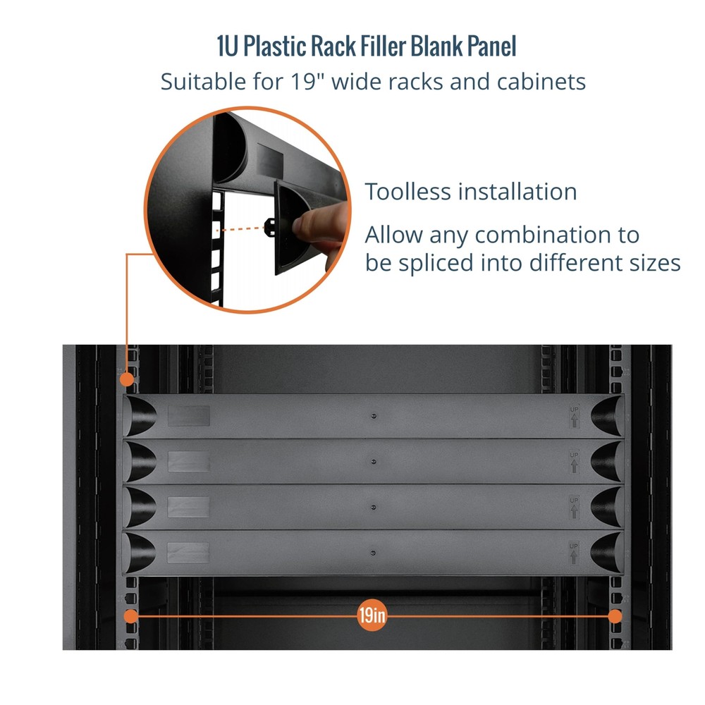 10 Pack 1U Black Plastic Rack Blank Panel 19" Server Rack Toolless Mounting