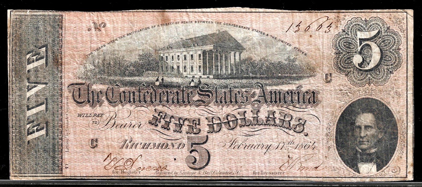 1864 CSA CONFEDERATE STATES AMERICA CURRENCY $5 Dollar Note S/N 13663 T-69
