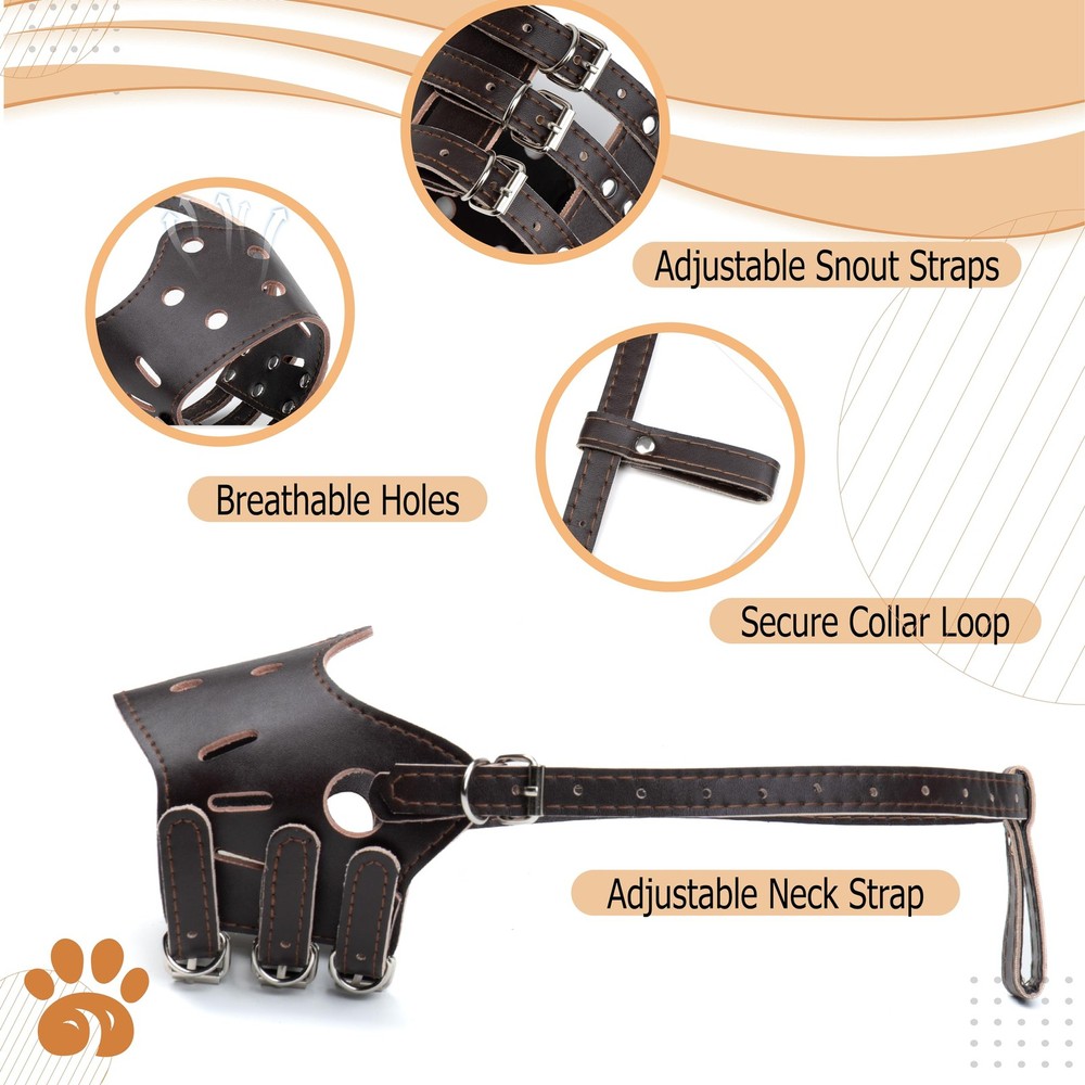 Wagably Brown Leather Muzzle for Dogs - Secure Basket - Large,