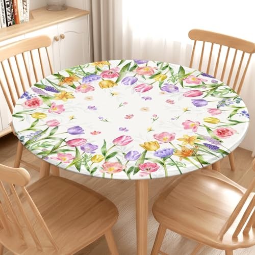 Spring Summer Easter Round Fitted Tablecloth with Elastic Edge Tulip Lavender
