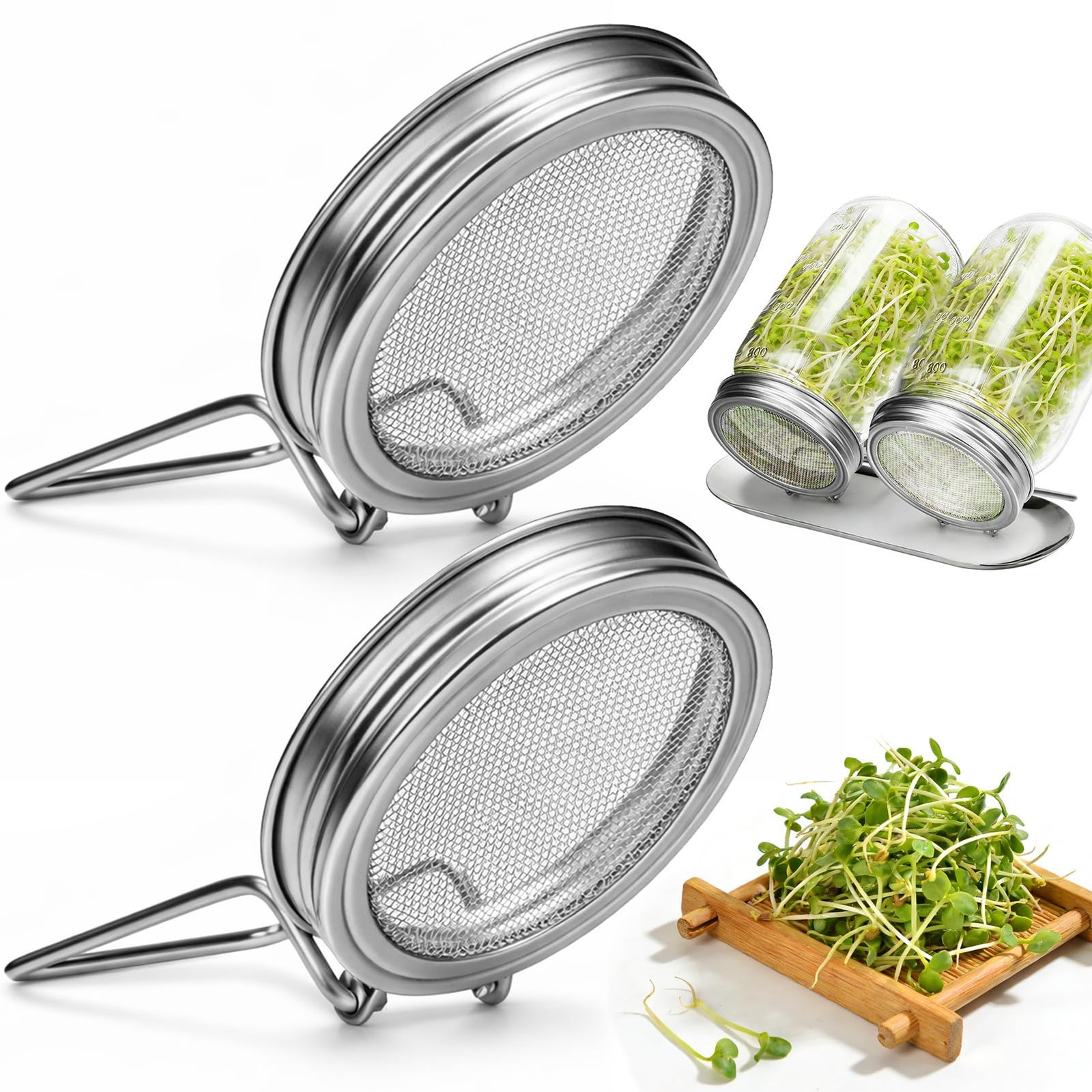 Sprouting Lids for Wide Mouth Mason Jars, 2Pack Reusable Stainless Steel Screen