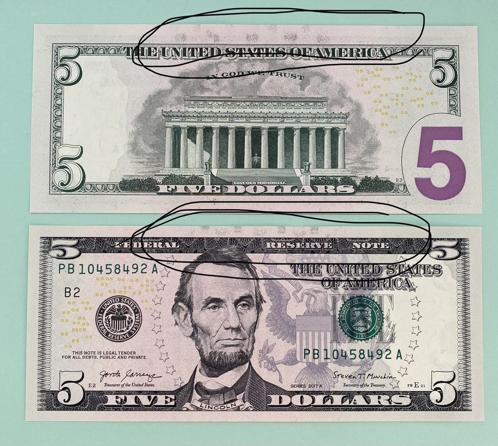 (2) CONSECUTIVE 2017 A $5.00 FEDERAL RESERVE NOTES OFFSET INK TRANSFER ERRORS #1