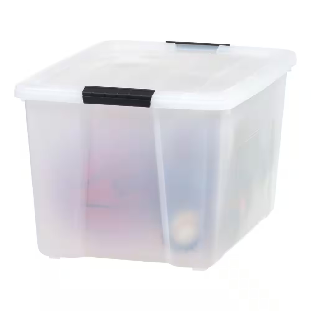 53 Qt./13.25 Gal. Stackable Nesting Storage Tote with Black Latching Clips, Whit