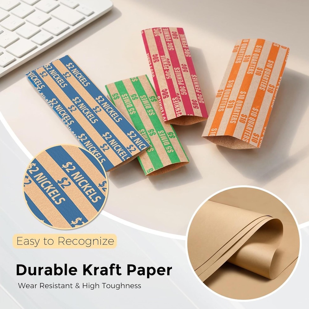 Durable Coin Roll Wraps - 100 Assorted Flat Wrappers for Easy Coin Organization
