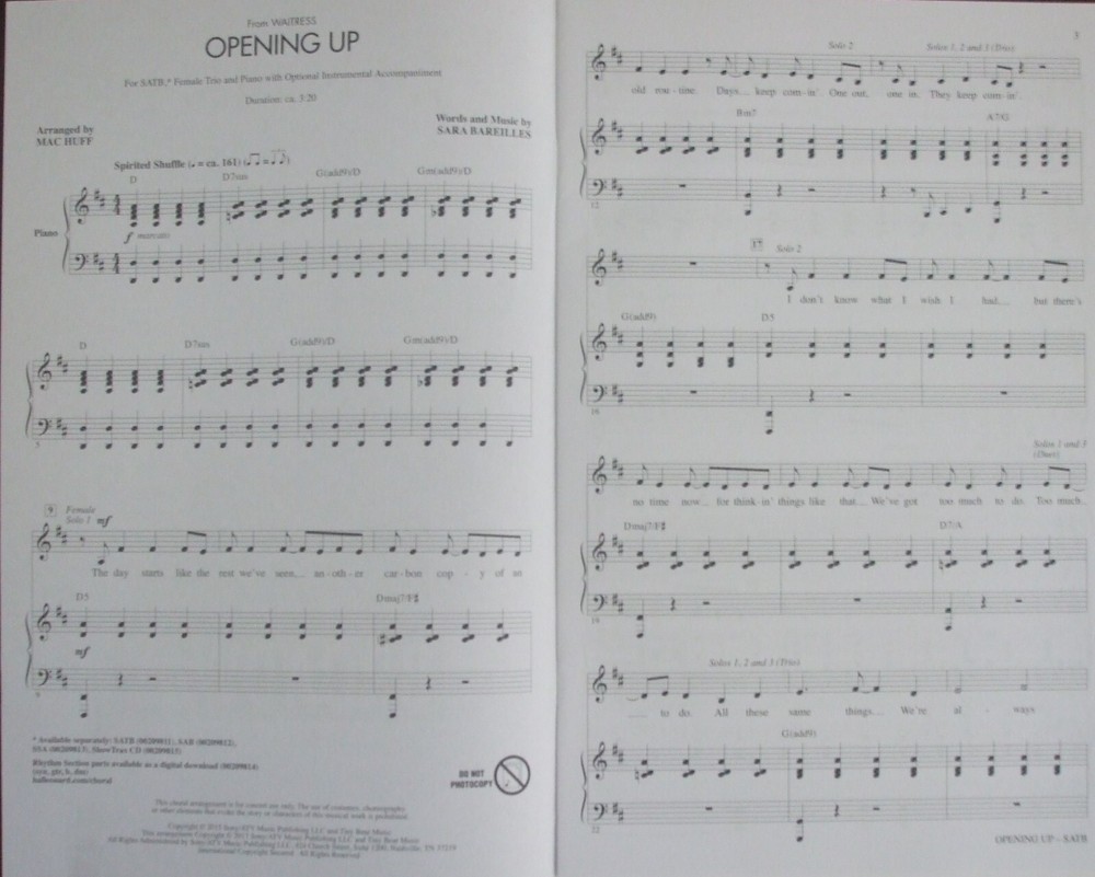 Openning Up (Waitress) arr Huff SATB single copy (4 available) FS