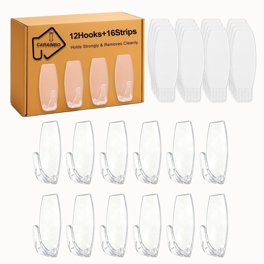 Large Clear Hooks,12-Hooks,16-Strips,Clear Wall Hook with Removable Strips,Or...