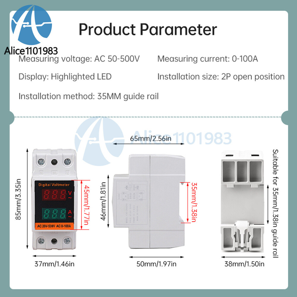AC 50-500V 100A Din Rail Single-phase Digital Voltage LCD Voltage Current Meter